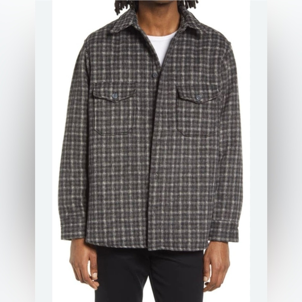 All Saints Men’s NWOT bkack/gray Guerra Checked Wool Blend Shirt.